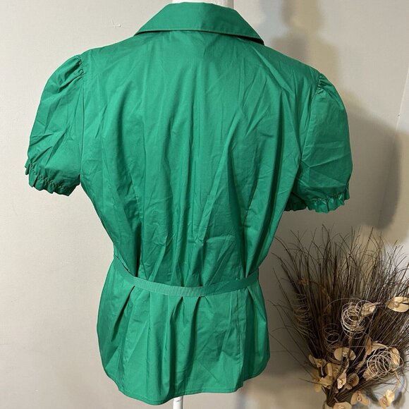 NWT George Women Green Short Puff Sleeve Button Up Shirt Top Collar V-neck XXL - Picture 2 of 6